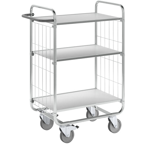 Zinc plated shelf truck, 3 shelves, LxWxH 815 x 470 x 1120 mm, 4 castors, 2 with wheel stops.