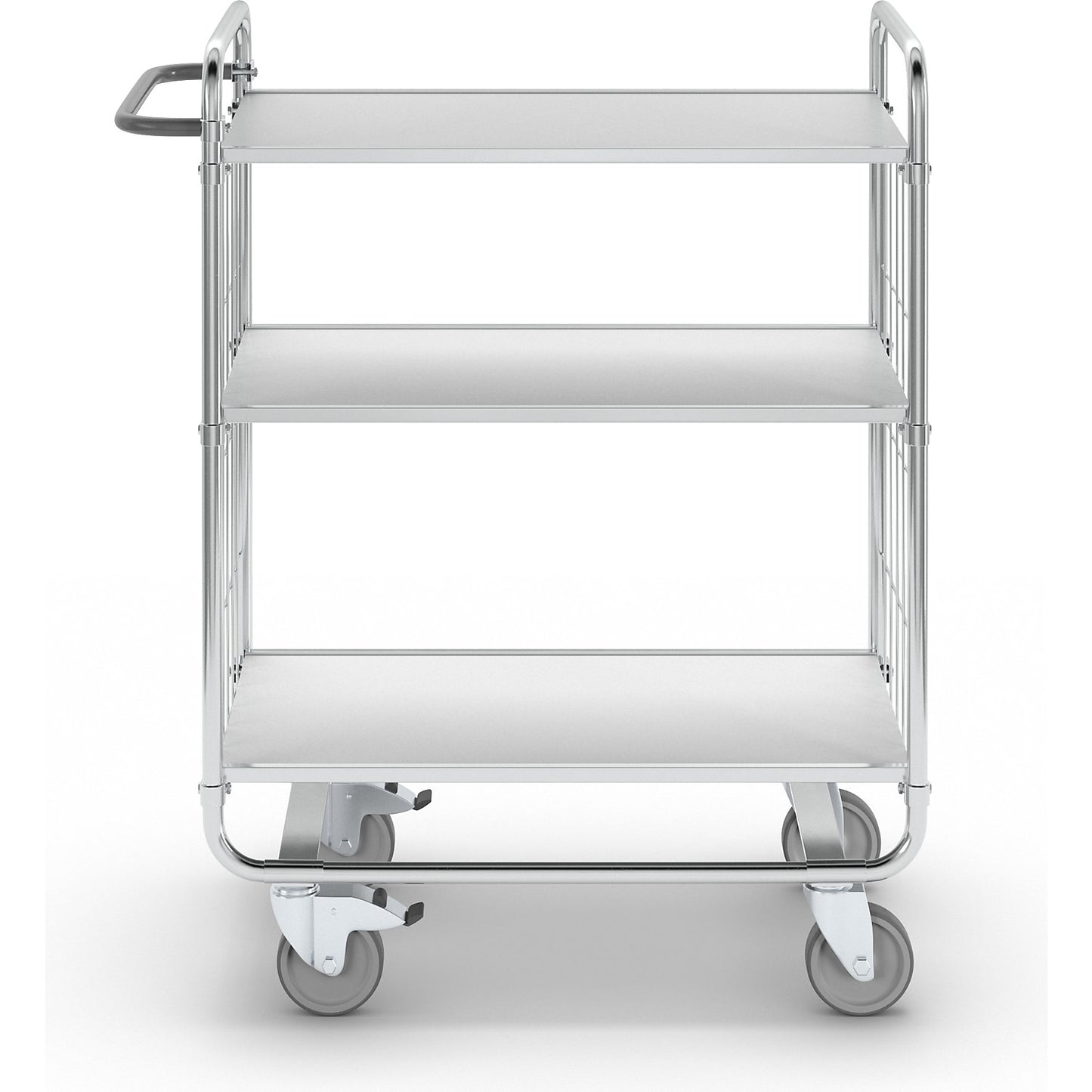 Zinc plated shelf truck, 3 shelves, LxWxH 945 x 470 x 1120 mm, 4 castors, 2 with wheel stops.