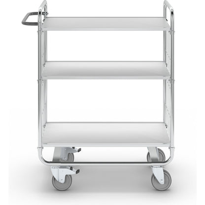 Zinc plated shelf truck, 3 shelves, LxWxH 945 x 470 x 1120 mm, 4 castors, 2 with wheel stops.