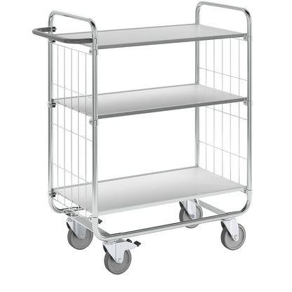 Zinc plated shelf truck, 3 shelves, LxWxH 945 x 470 x 1120 mm, 4 castors, 2 with wheel stops.