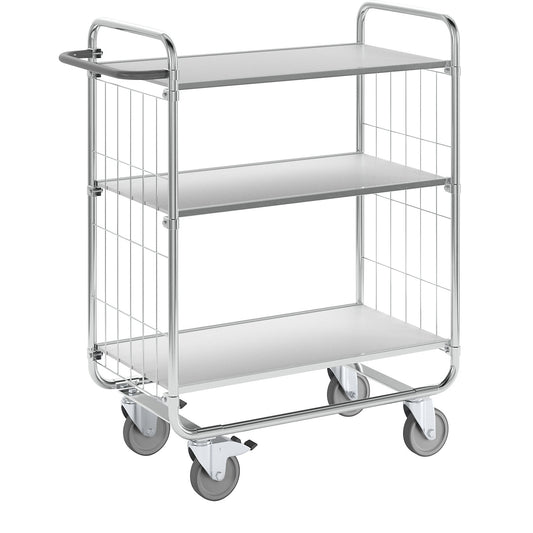 Zinc plated shelf truck, 3 shelves, LxWxH 945 x 470 x 1120 mm, 4 castors, 2 with wheel stops.