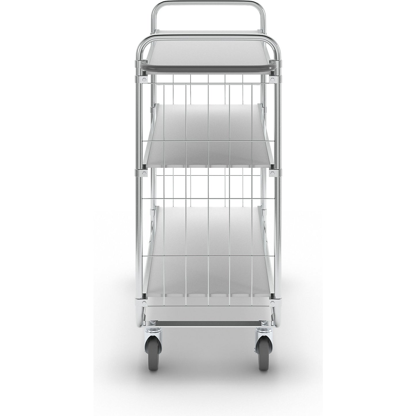 Zinc plated shelf truck, 3 shelves, LxWxH 1195 x 470 x 1120 mm, 4 castors, 2 with wheel stops.
