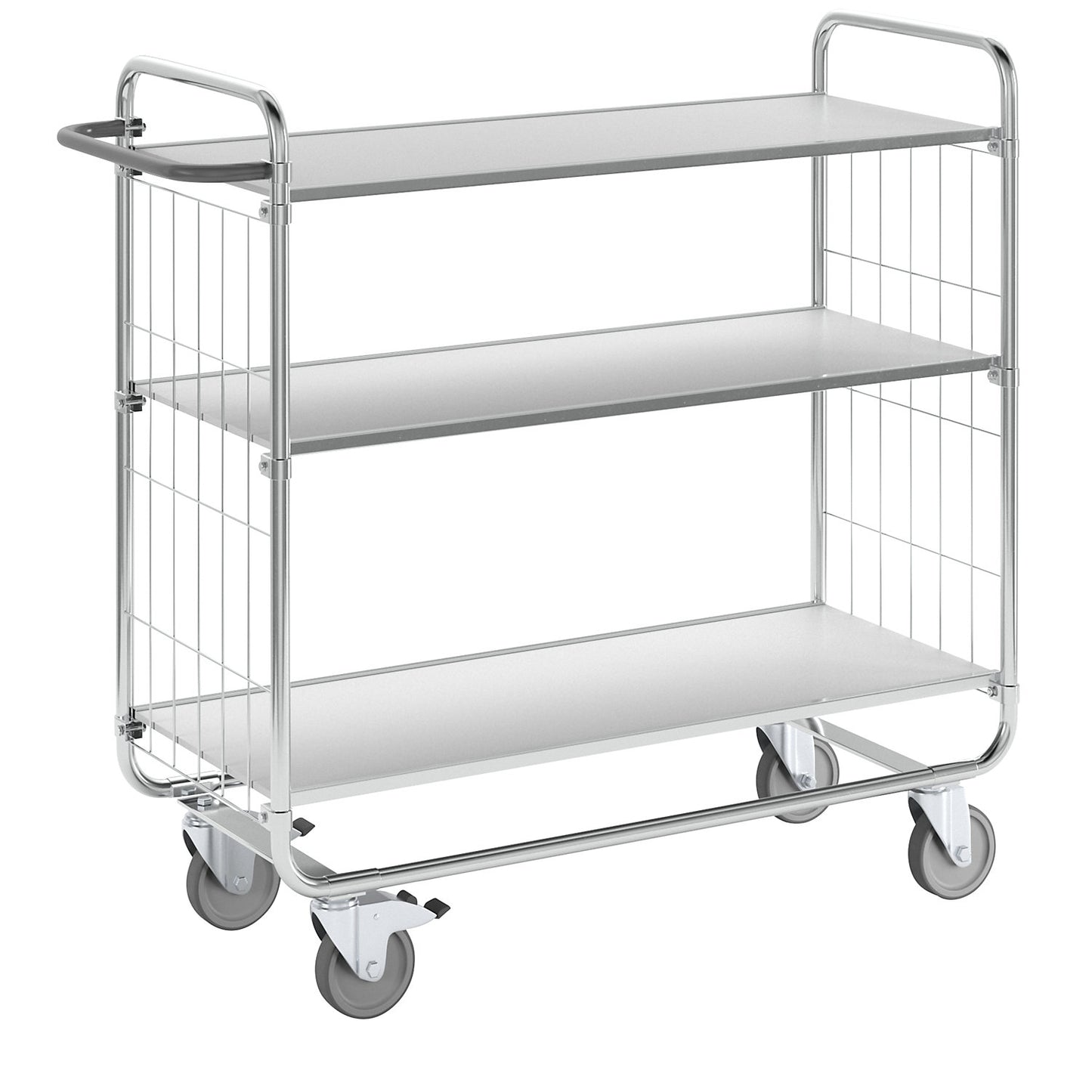 Zinc plated shelf truck, 3 shelves, LxWxH 1195 x 470 x 1120 mm, 4 castors, 2 with wheel stops.