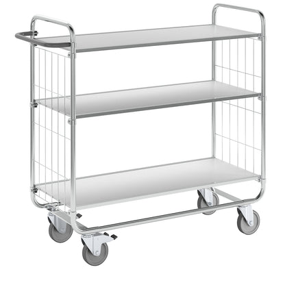 Zinc plated shelf truck, 3 shelves, LxWxH 1195 x 470 x 1120 mm, 4 castors, 2 with wheel stops.