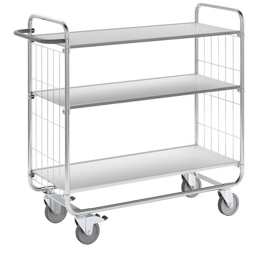 Zinc plated shelf truck, 3 shelves, LxWxH 1195 x 470 x 1120 mm, 4 castors, 2 with wheel stops.