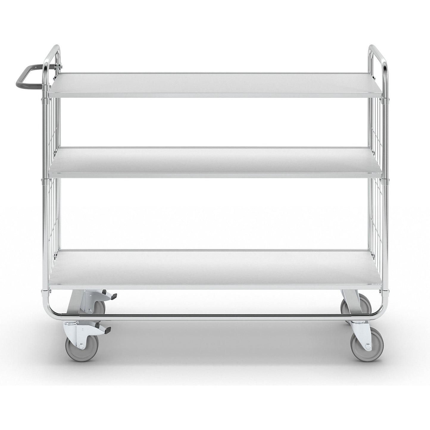 Zinc plated shelf truck, 3 shelves, LxWxH 1395 x 470 x 1120 mm, 4 castors, 2 with wheel stops.