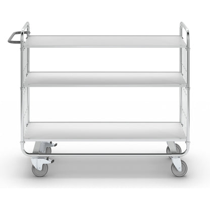 Zinc plated shelf truck, 3 shelves, LxWxH 1395 x 470 x 1120 mm, 4 castors, 2 with wheel stops.
