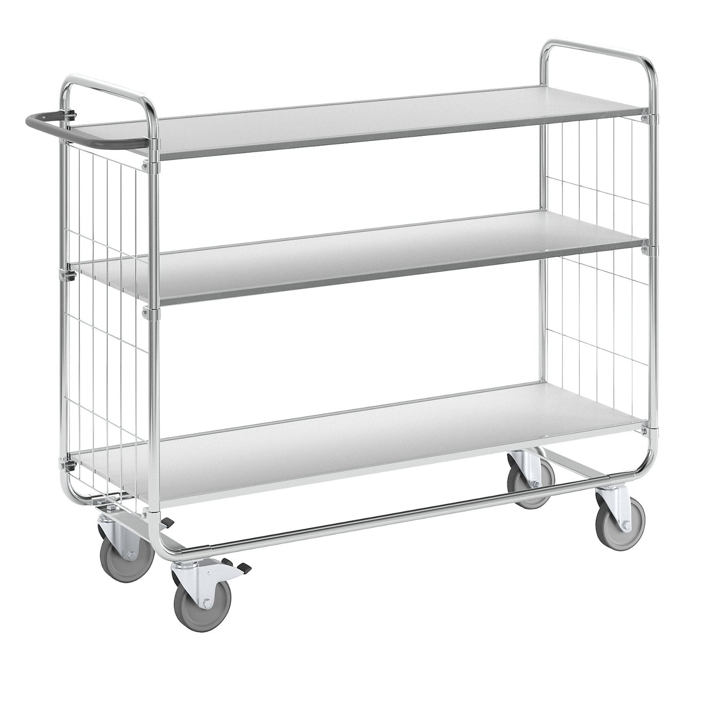 Zinc plated shelf truck, 3 shelves, LxWxH 1395 x 470 x 1120 mm, 4 castors, 2 with wheel stops.