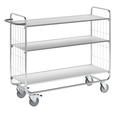 Zinc plated shelf truck, 3 shelves, LxWxH 1395 x 470 x 1120 mm, 4 castors, 2 with wheel stops.
