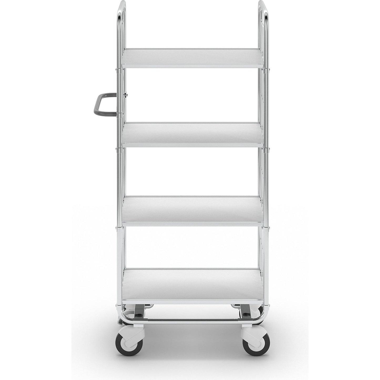 Zinc plated shelf truck, 4 shelves, LxWxH 815 x 470 x 1590 mm, 4 castors, 2 with wheel stops.