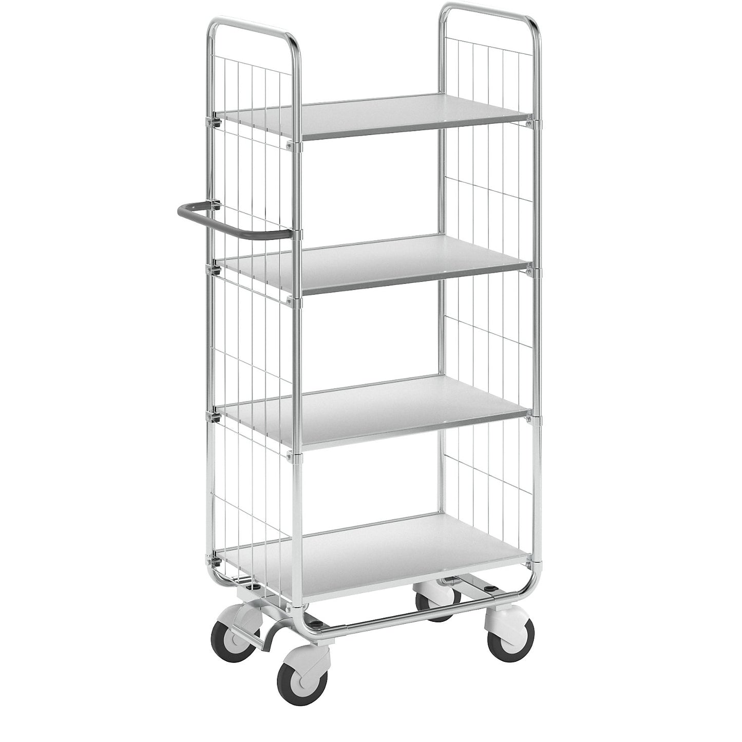 Zinc plated shelf truck, 4 shelves, LxWxH 815 x 470 x 1590 mm, 4 castors, 2 with wheel stops.