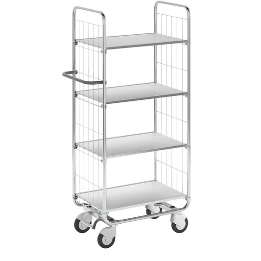 Zinc plated shelf truck, 4 shelves, LxWxH 815 x 470 x 1590 mm, 4 castors, 2 with wheel stops.
