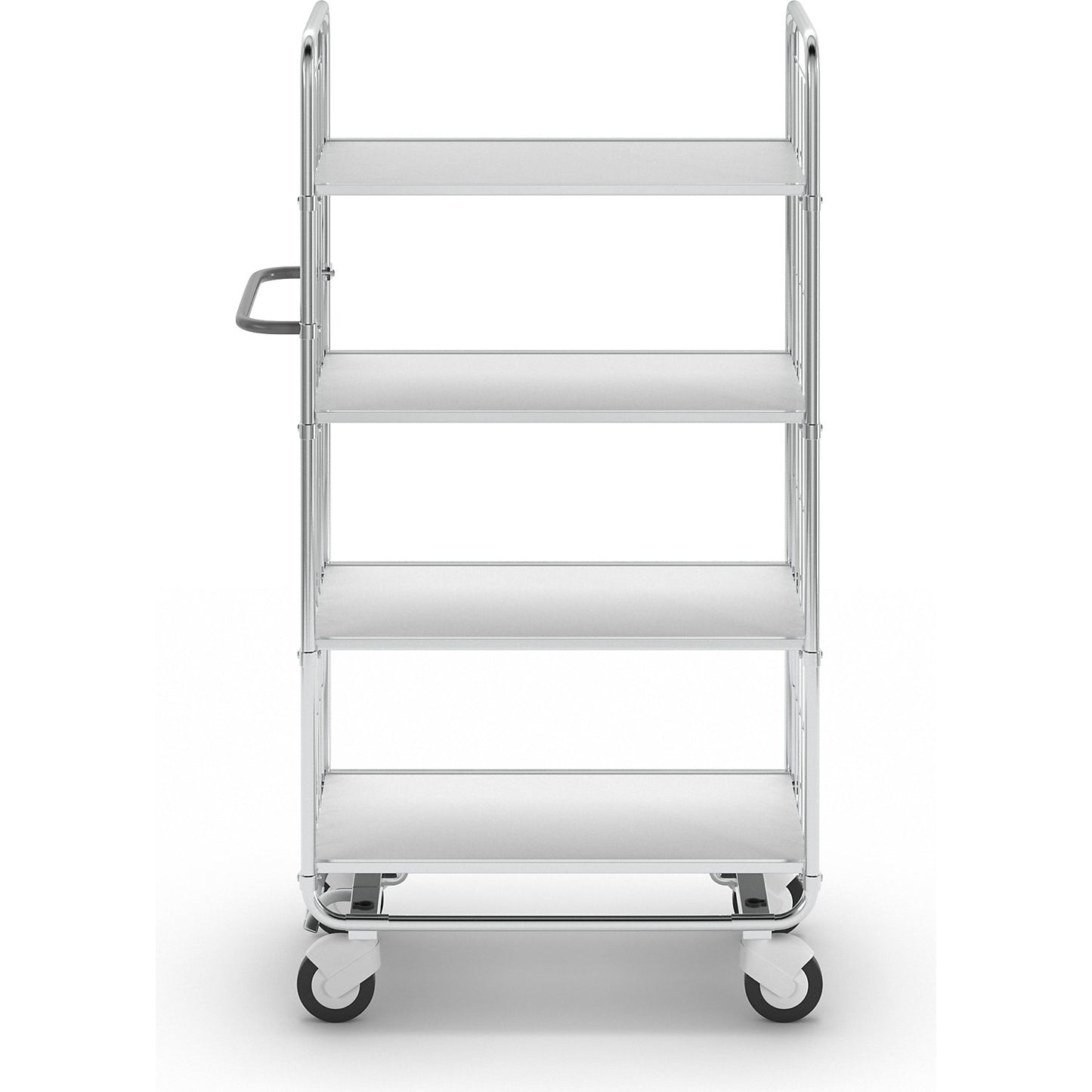 Zinc plated shelf truck, 4 shelves, LxWxH 945 x 470 x 1590 mm, 4 castors, 2 with wheel stops.