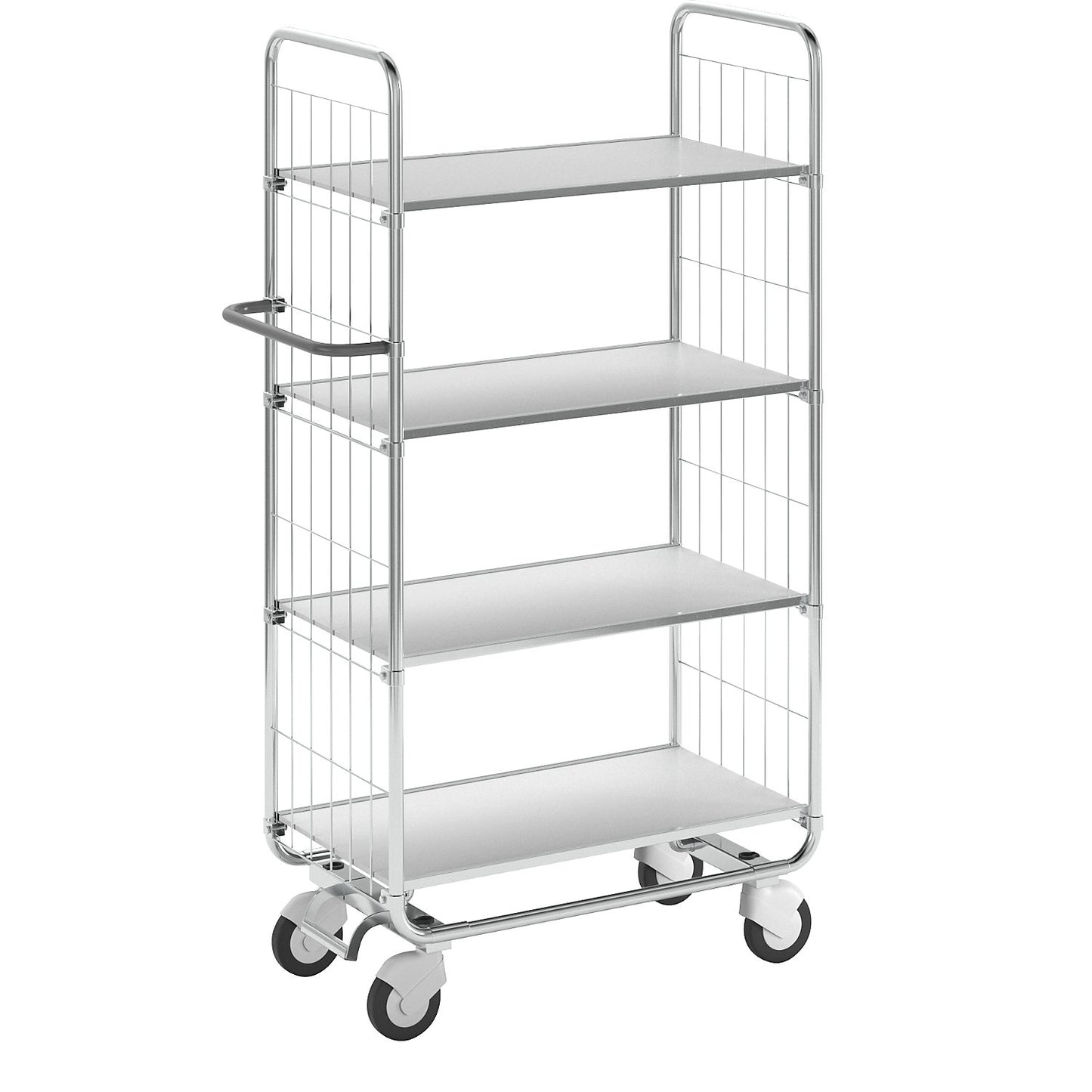 Zinc plated shelf truck, 4 shelves, LxWxH 945 x 470 x 1590 mm, 4 castors, 2 with wheel stops.