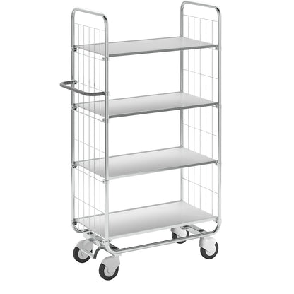Zinc plated shelf truck, 4 shelves, LxWxH 945 x 470 x 1590 mm, 4 castors, 2 with wheel stops.