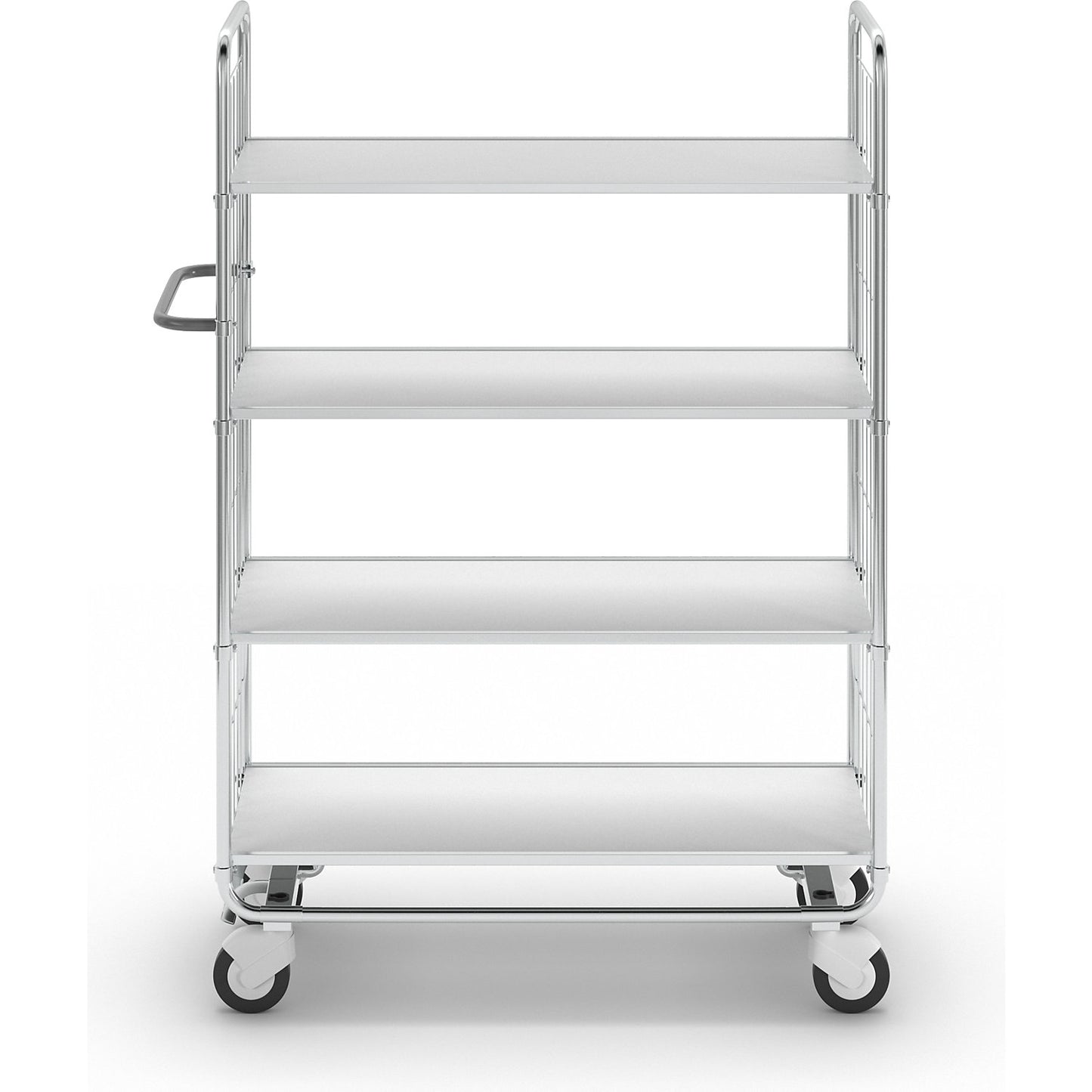 Zinc plated shelf truck, 4 shelves, LxWxH 1195 x 470 x 1590 mm, 4 castors, 2 with wheel stops.