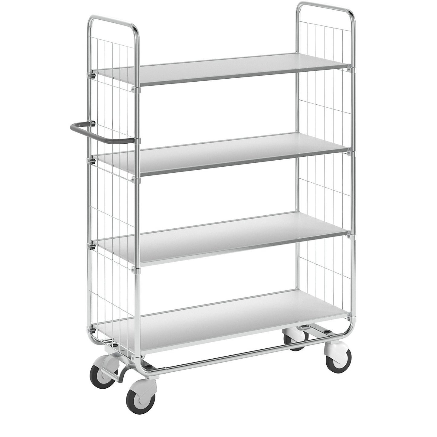Zinc plated shelf truck, 4 shelves, LxWxH 1195 x 470 x 1590 mm, 4 castors, 2 with wheel stops.