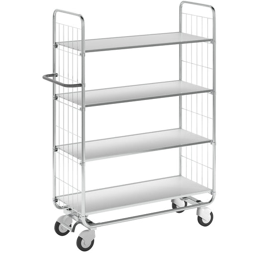 Zinc plated shelf truck, 4 shelves, LxWxH 1195 x 470 x 1590 mm, 4 castors, 2 with wheel stops.