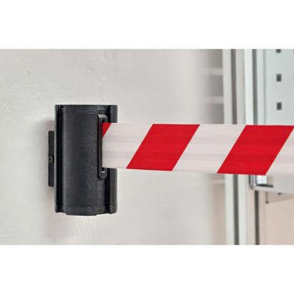 Belt barrier, belt extends to max. 3000 mm, black cartridge, red / white belt.