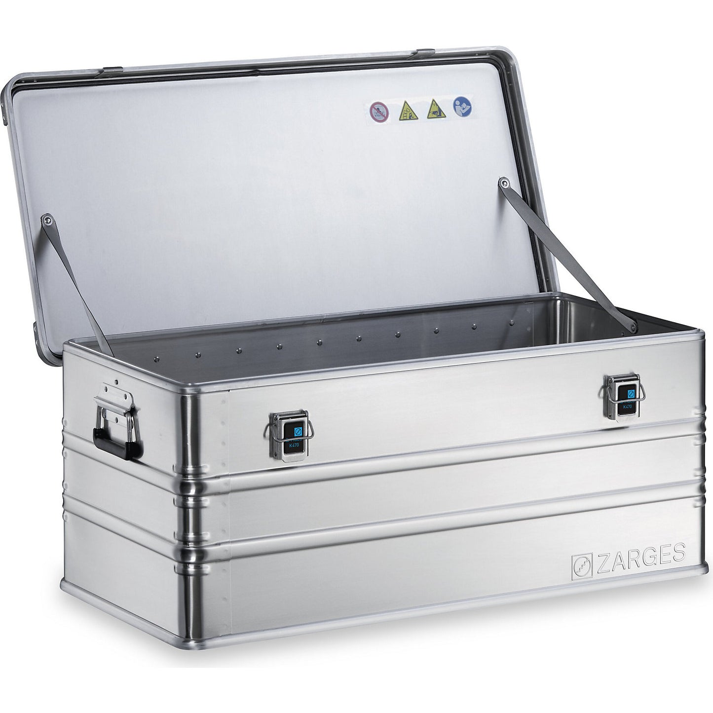 Aluminium transport case, capacity 162 l, internal LxWxH 950 x 450 x 380 mm, robust construction.