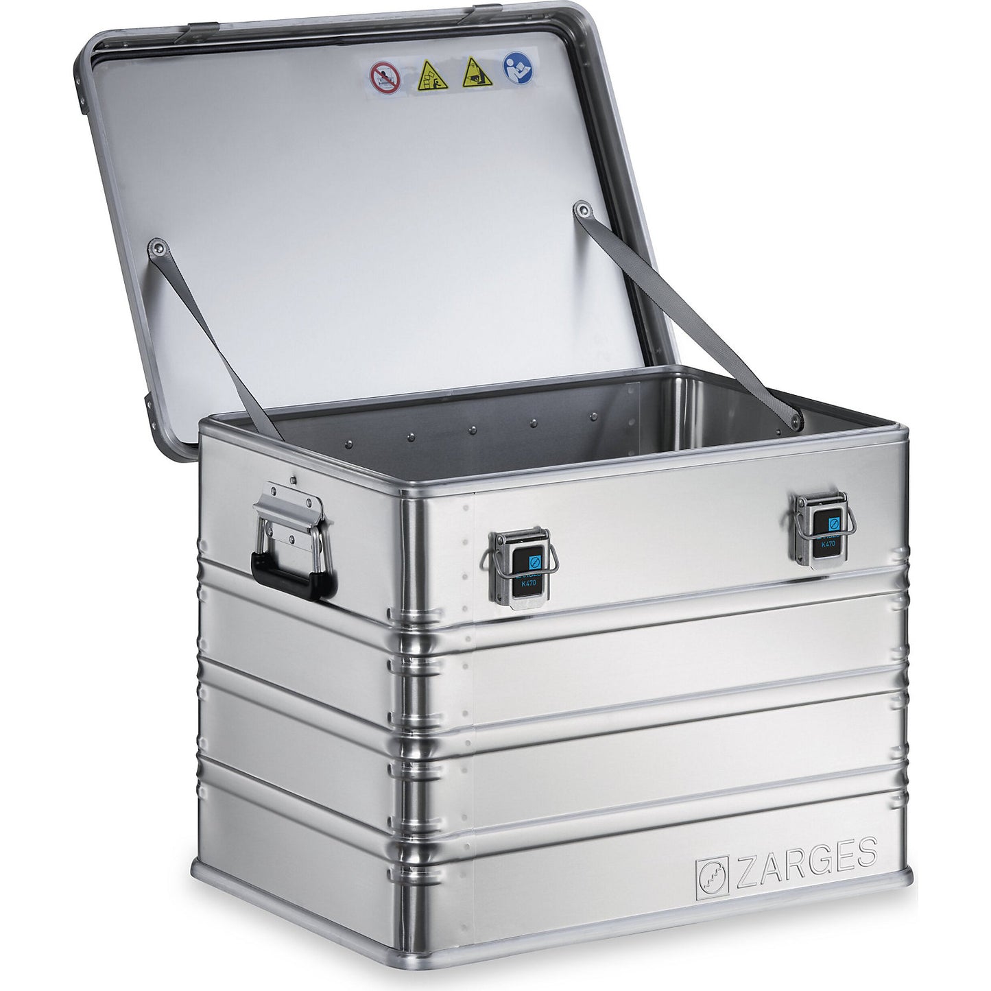 Aluminium transport case, capacity 116 l, internal LxWxH 600 x 430 x 450 mm, robust construction.