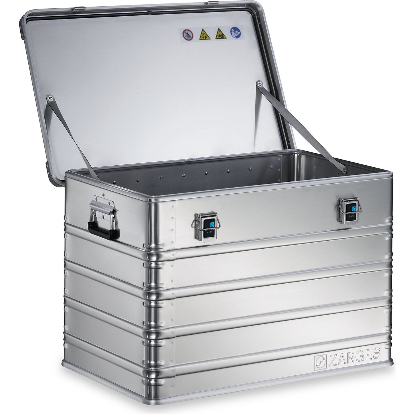Aluminium transport case, capacity 195 l, internal LxWxH 780 x 480 x 520 mm, robust construction.