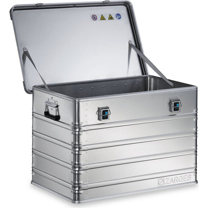 Aluminium transport case, capacity 195 l, internal LxWxH 780 x 480 x 520 mm, robust construction.