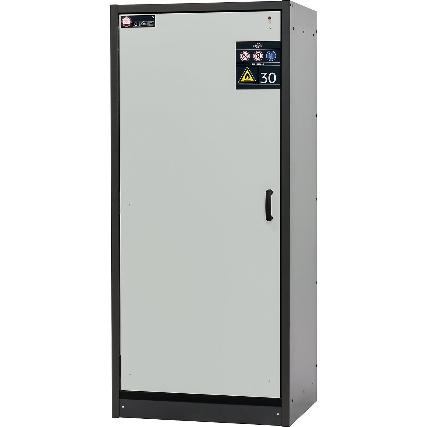 Fire resistant hazardous goods cupboard, type 30, 1-door, width 864 mm, light grey.