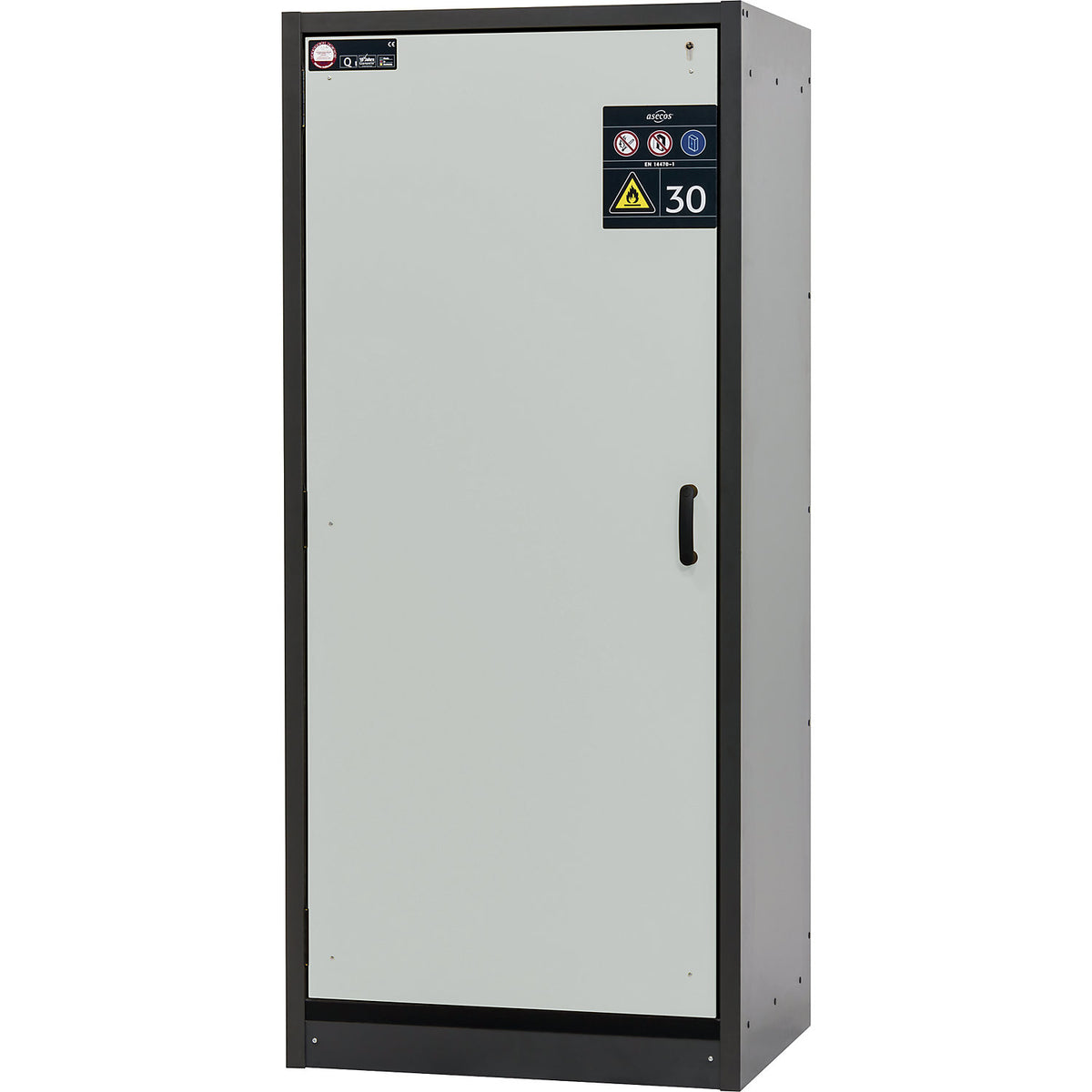 Fire resistant hazardous goods cupboard, type 30, 1-door, width 864 mm, light grey.
