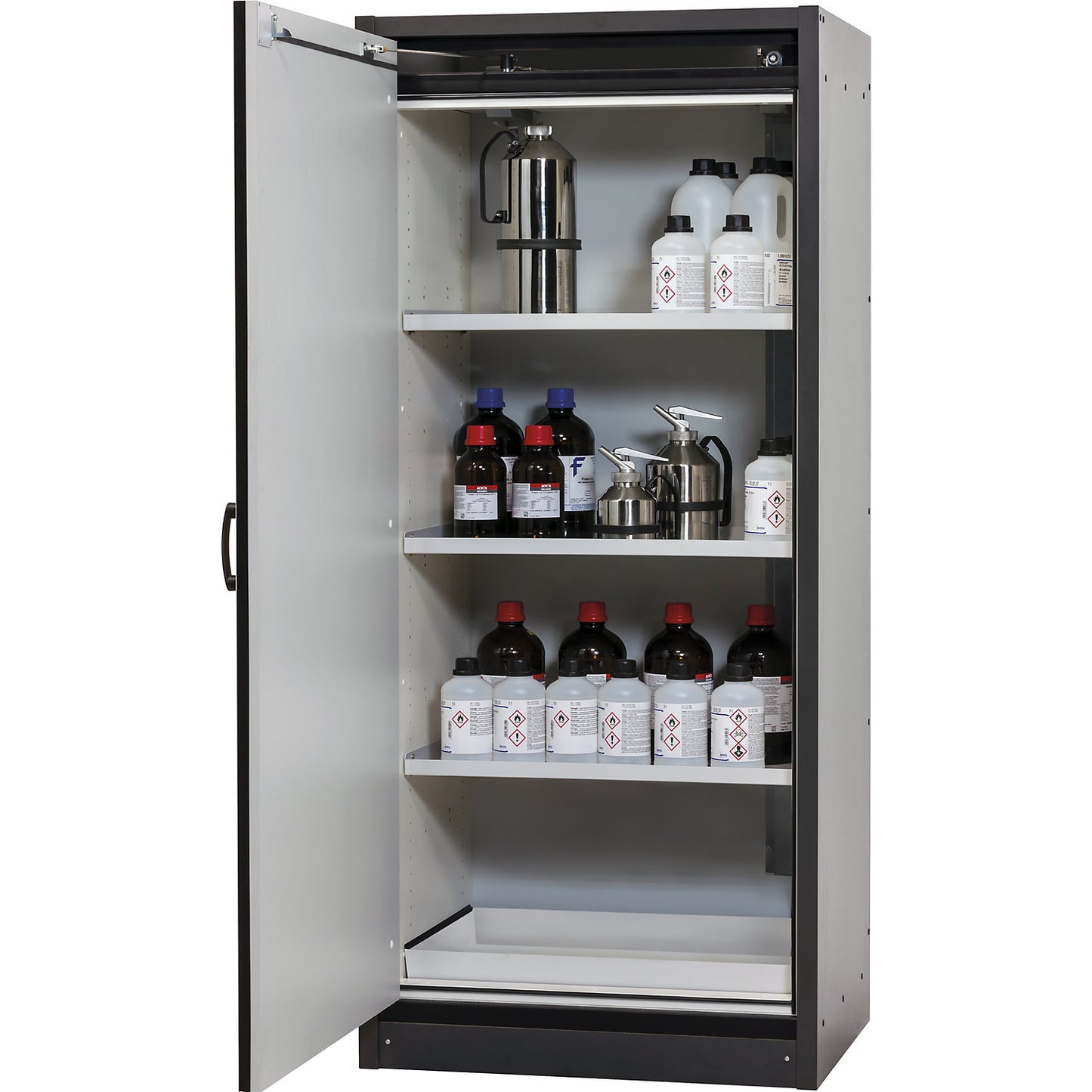 Fire resistant hazardous goods cupboard, type 30, 1-door, width 864 mm, light grey.