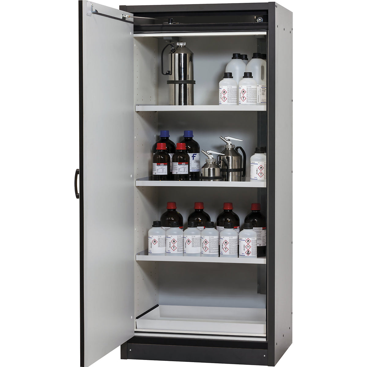 Fire resistant hazardous goods cupboard, type 30, 1-door, width 864 mm, light grey.