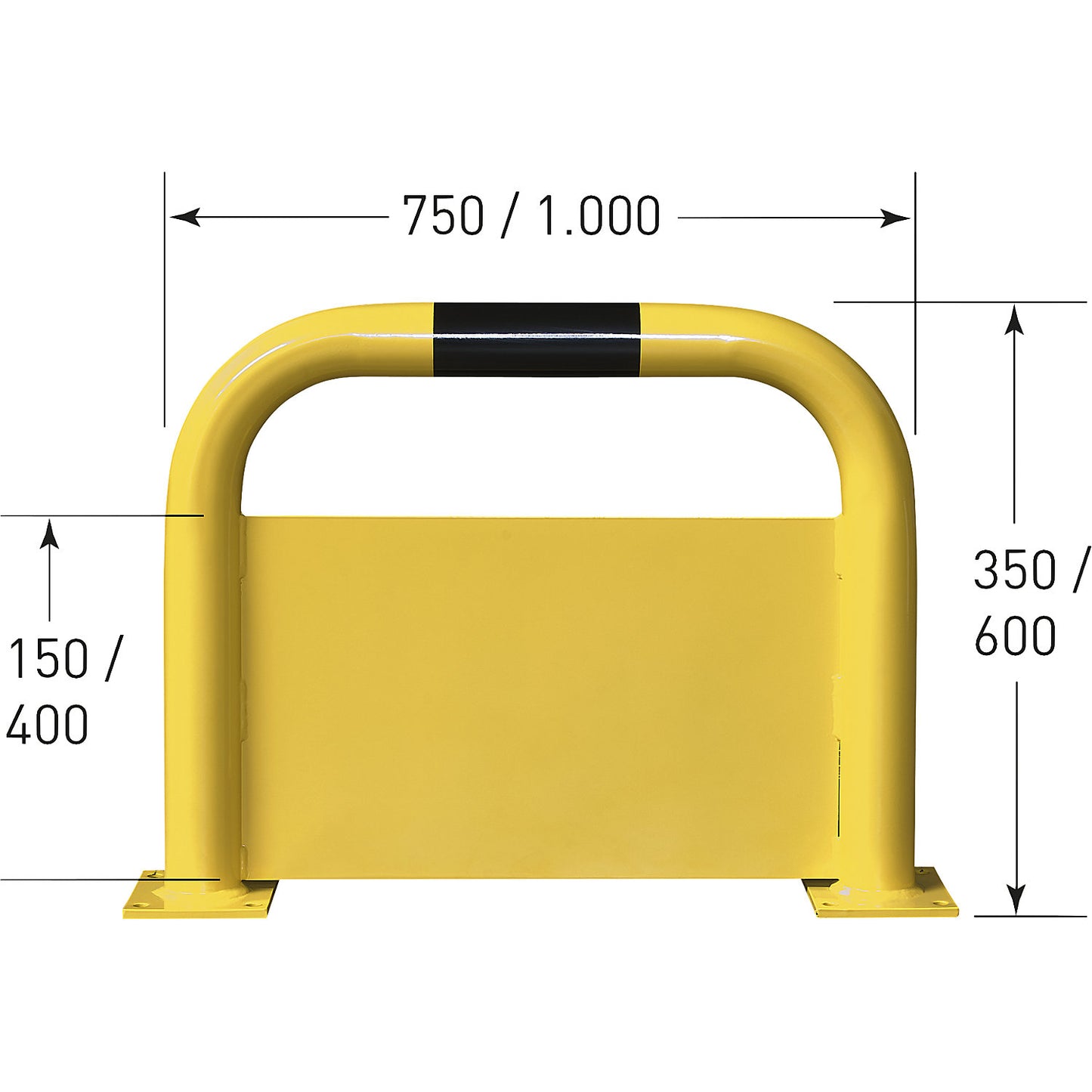 Crash protection barrier with forklift guard, Ø 76 mm, indoor areas, HxW 600 x 750 mm, forklift guard 400 mm.