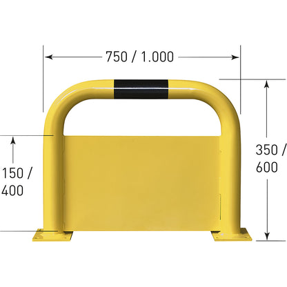 Crash protection barrier with forklift guard, Ø 76 mm, indoor areas, HxW 600 x 750 mm, forklift guard 400 mm.