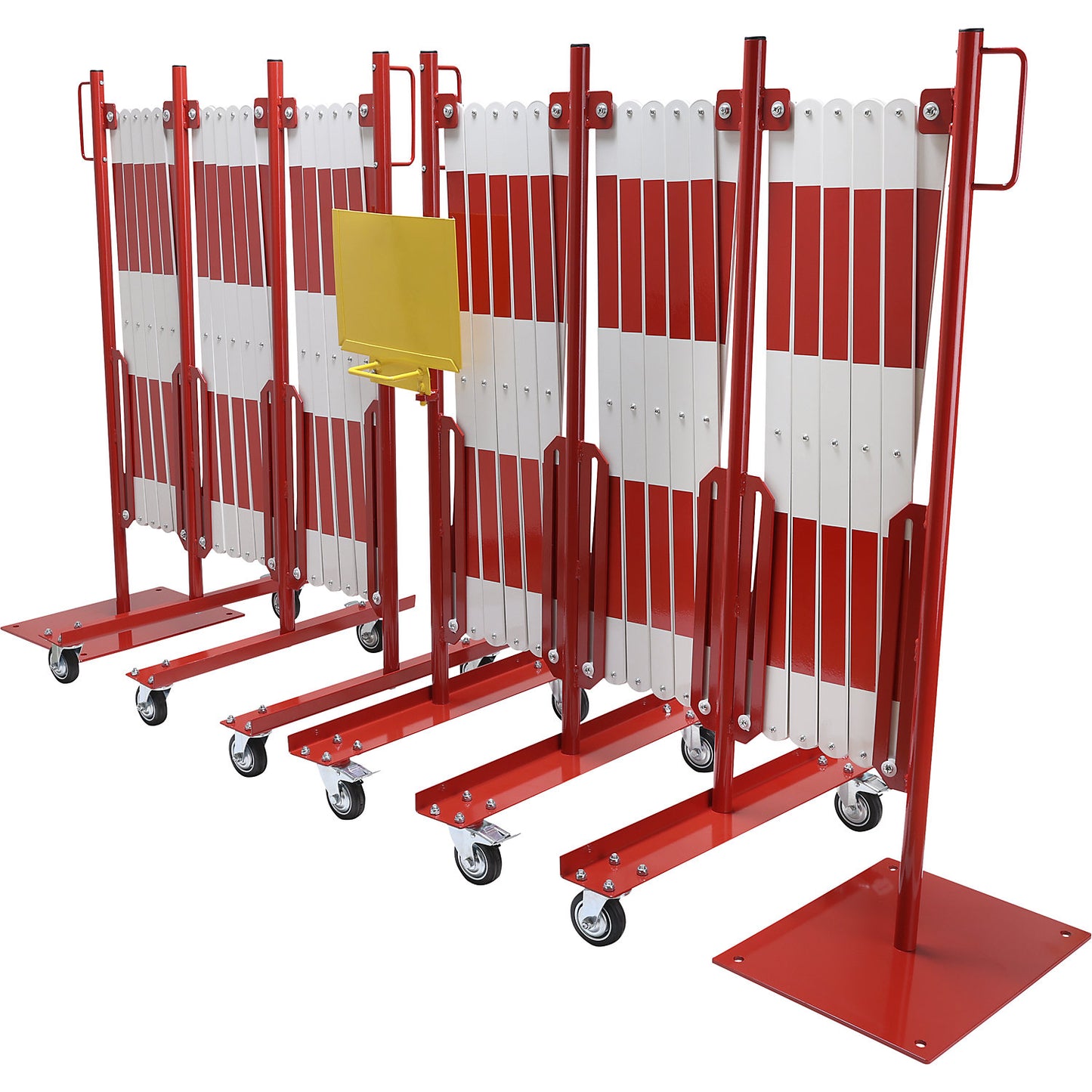 Expanding barrier, steel foot and castors, red / white, max. length 16000 mm.