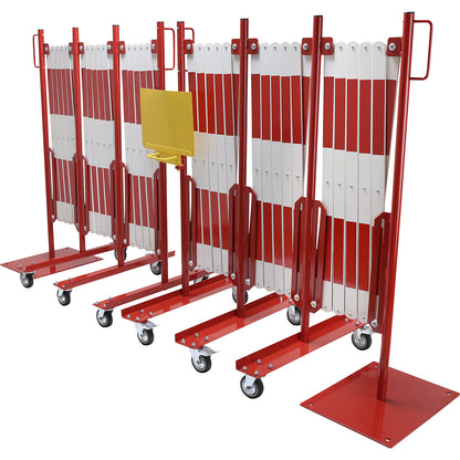 Expanding barrier, steel foot and castors, red / white, max. length 16000 mm.