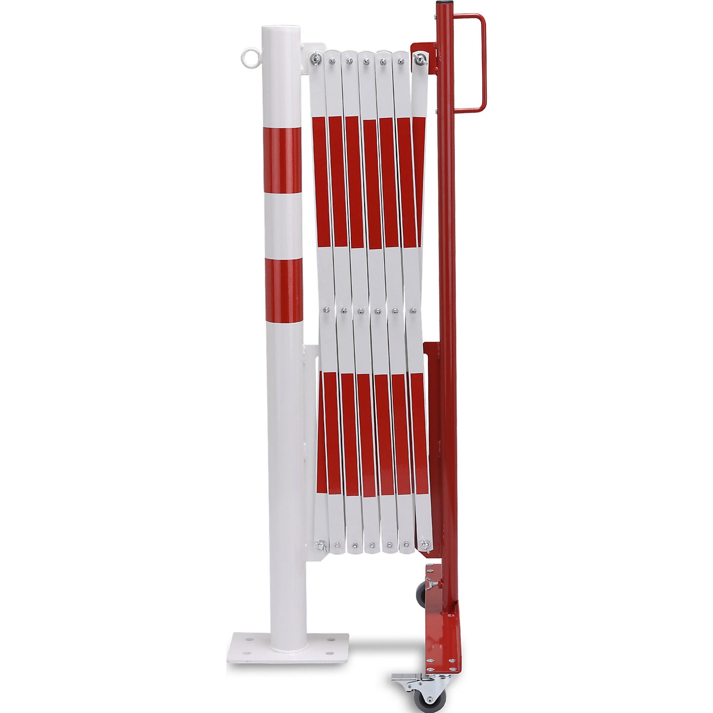Barrier post with expanding barrier, round tubing Ø 60 mm, with mobile foot plate, red / white, max. length 3600 mm.