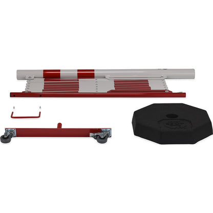 Barrier post with expanding barrier, round tubing Ø 60 mm, with mobile foot plate, red / white, max. length 4000 mm.