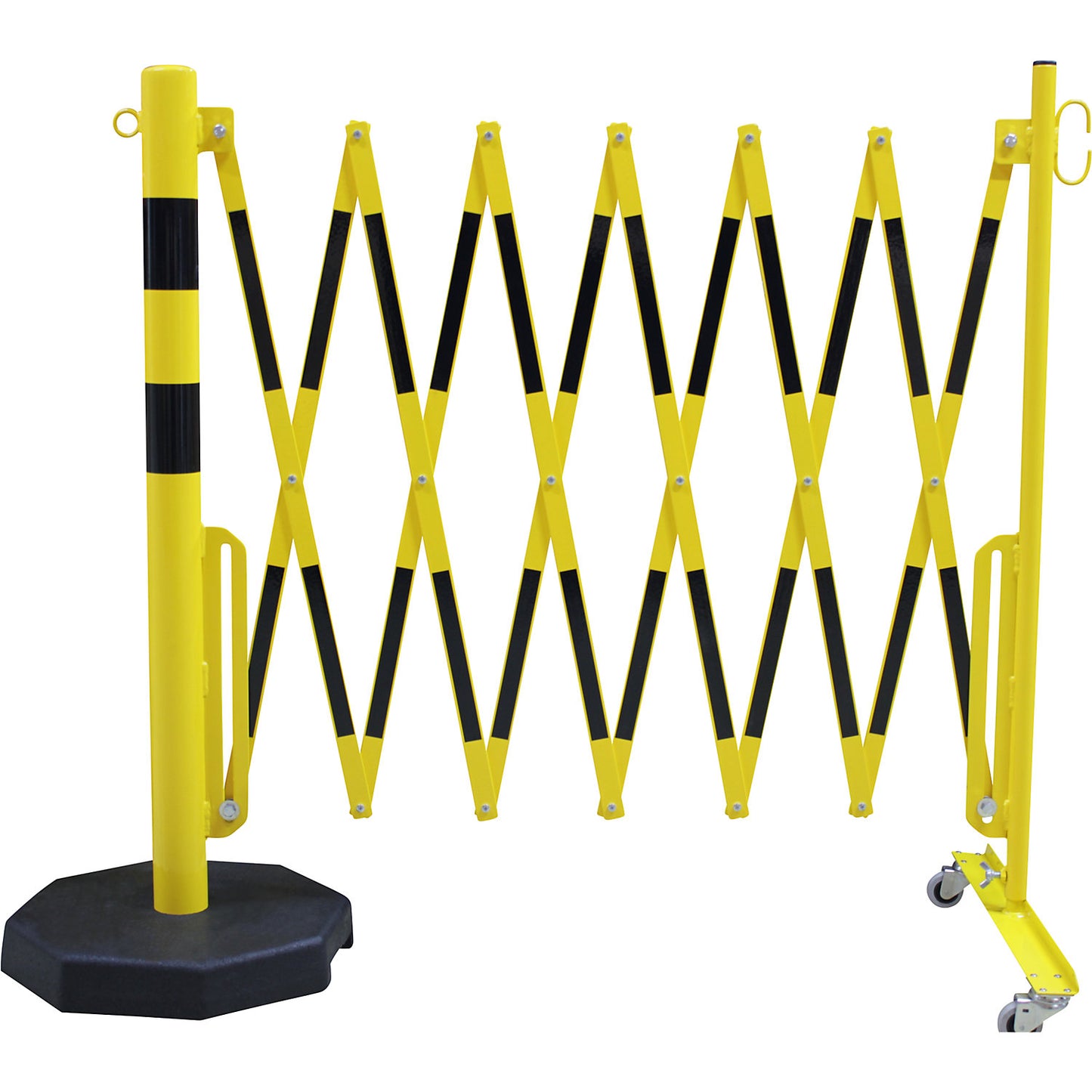 Barrier post with expanding barrier, round tubing Ø 60 mm, with mobile foot plate, yellow / black, max. length 3600 mm.