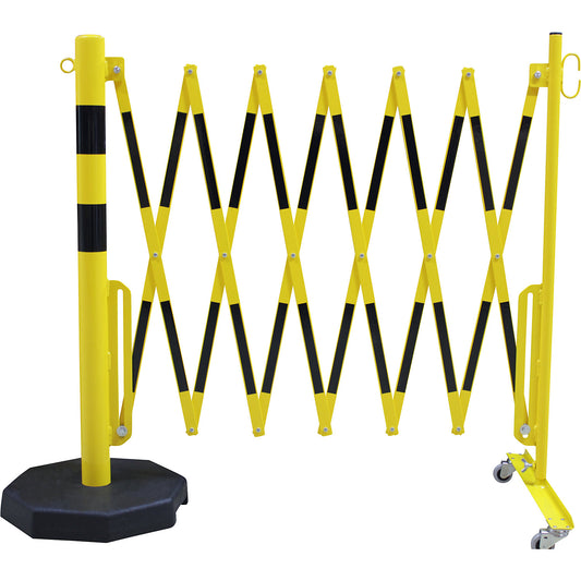 Barrier post with expanding barrier, round tubing Ø 60 mm, with mobile foot plate, yellow / black, max. length 3600 mm.