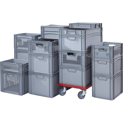 Euro size container, LxW 400 x 300 mm, solid walls and base, height 120 mm.