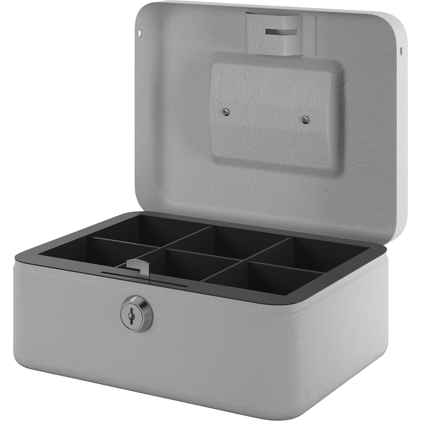 Cash box, lockable, with six coin compartments, HxWxD 90 x 205 x 155 mm, light grey.