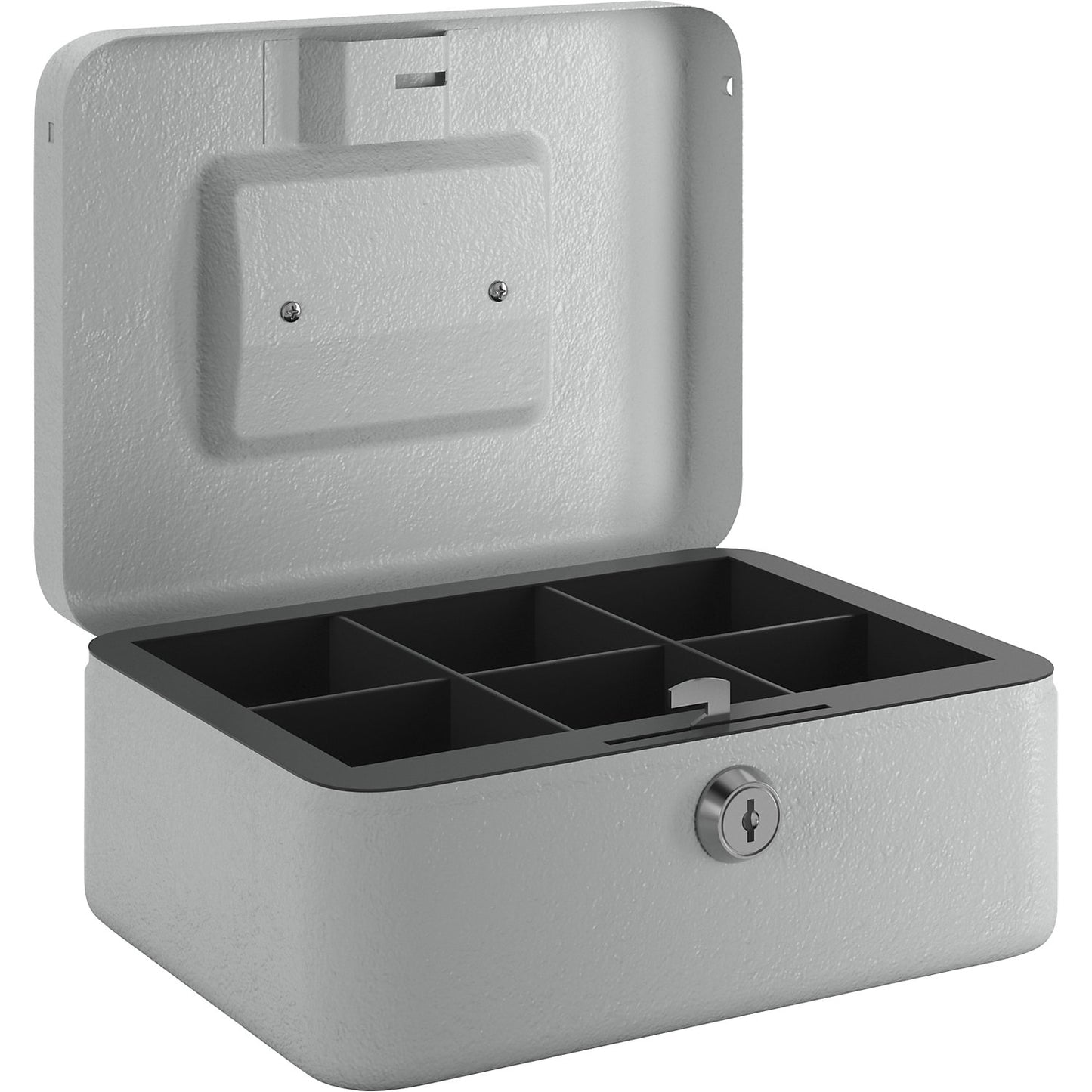 Cash box, lockable, with six coin compartments, HxWxD 90 x 205 x 155 mm, light grey.