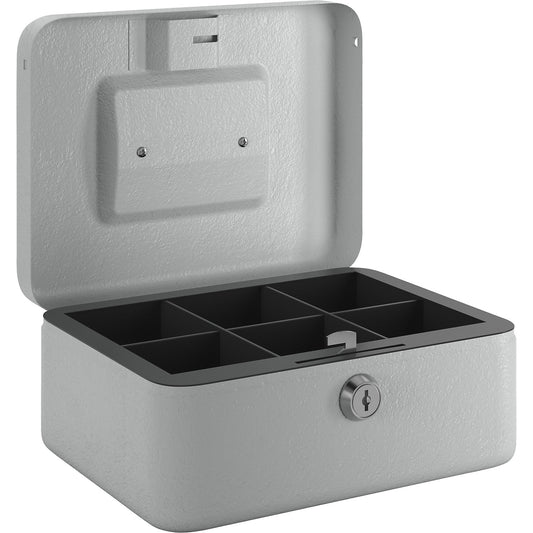 Cash box, lockable, with six coin compartments, HxWxD 90 x 205 x 155 mm, light grey.