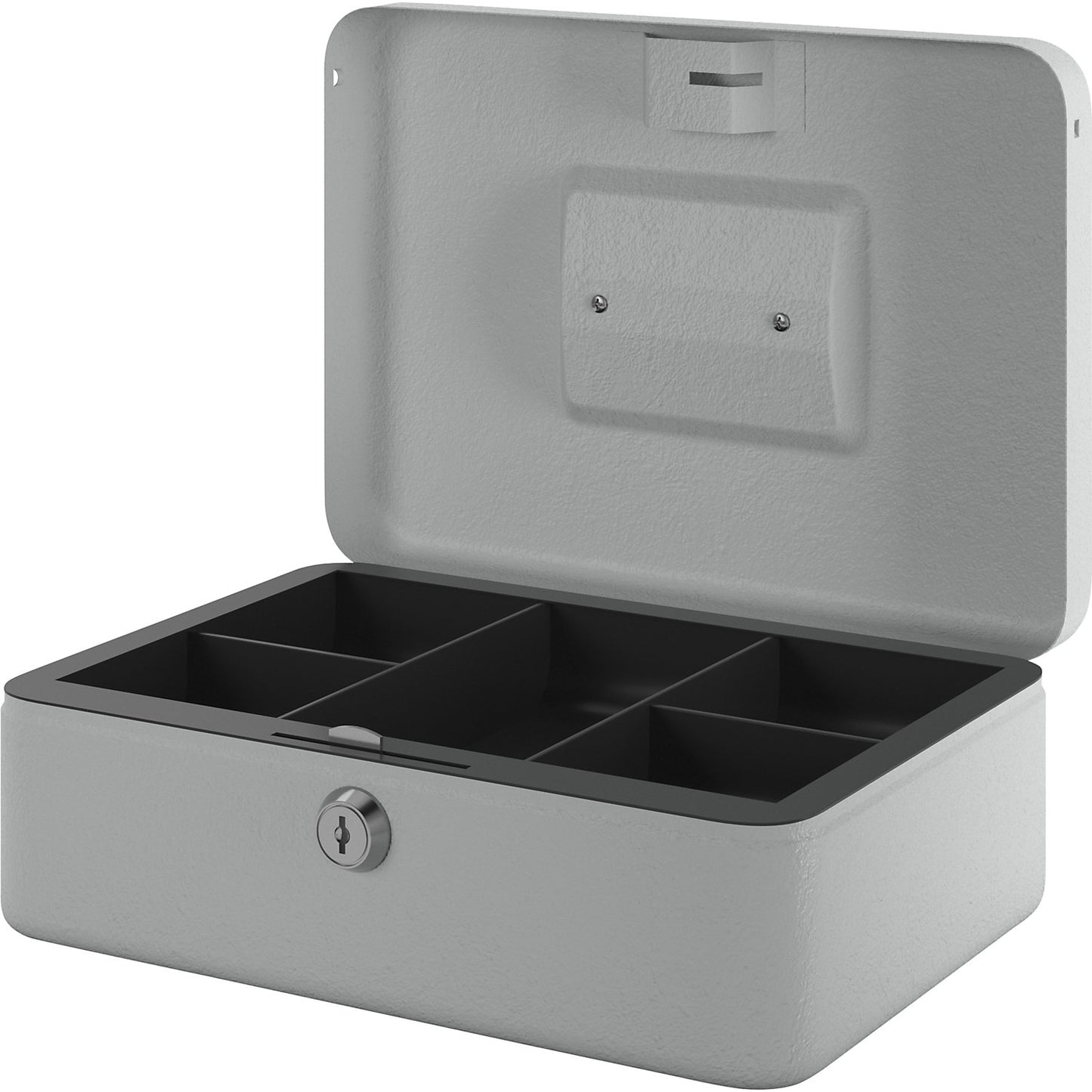 Cash box, lockable, with six coin compartments, HxWxD 90 x 255 x 180 mm, light grey.