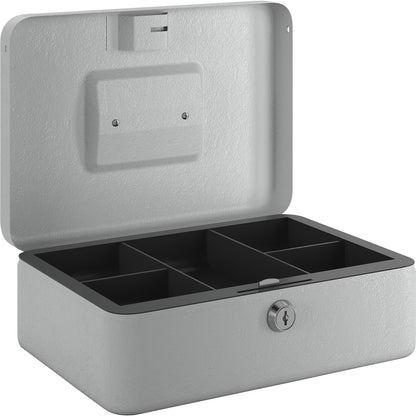 Cash box, lockable, with six coin compartments, HxWxD 90 x 255 x 180 mm, light grey.