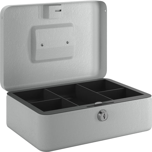Cash box, lockable, with six coin compartments, HxWxD 90 x 255 x 180 mm, light grey.