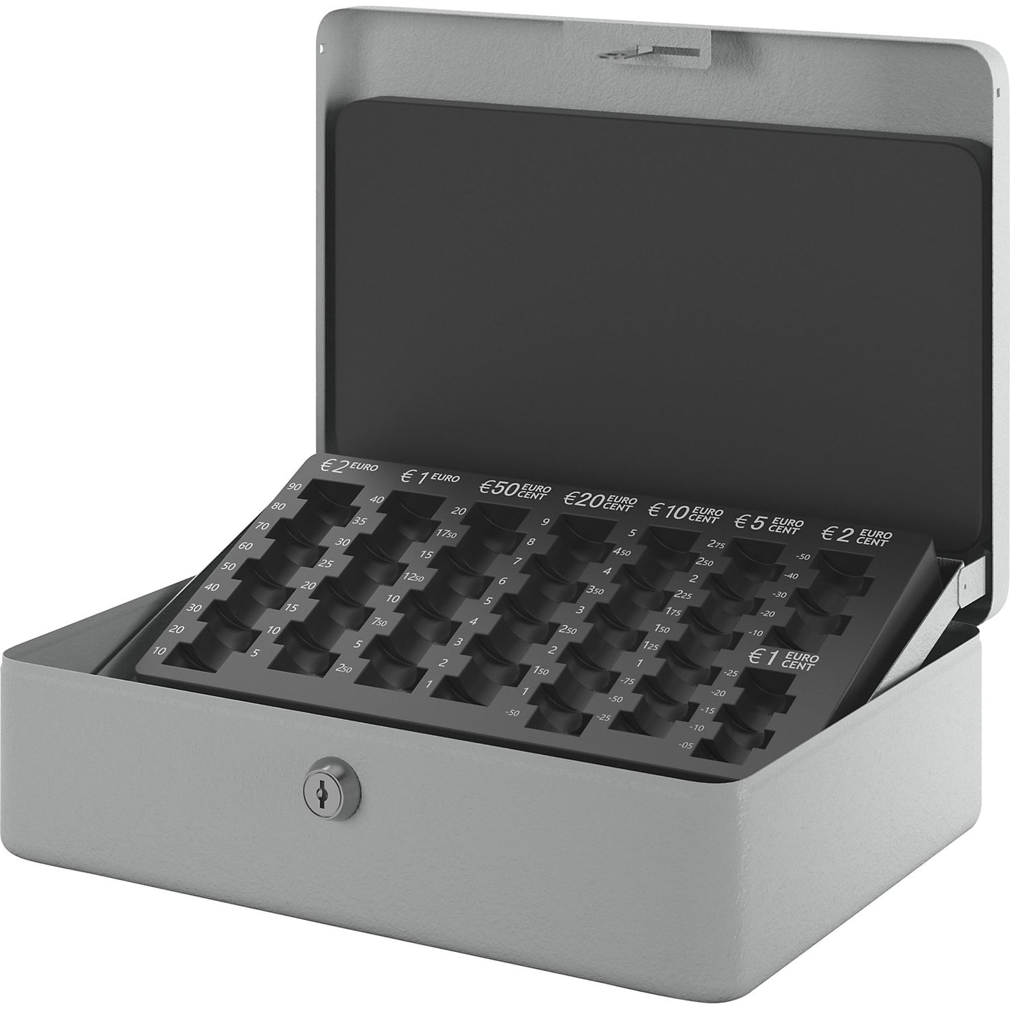 Cash box, lockable, with coin tray, HxWxD 95 x 315 x 230 mm, light grey.