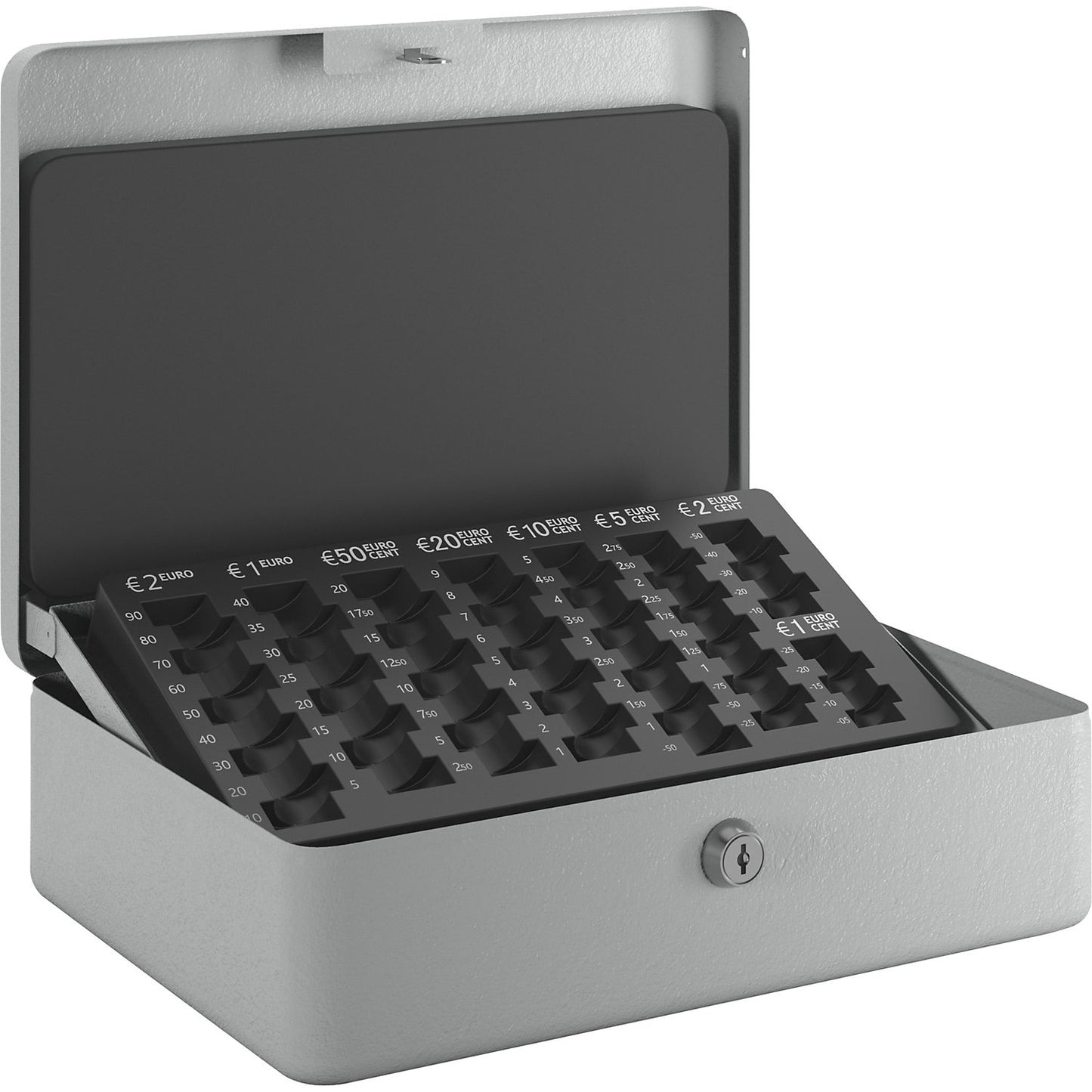 Cash box, lockable, with coin tray, HxWxD 95 x 315 x 230 mm, light grey.