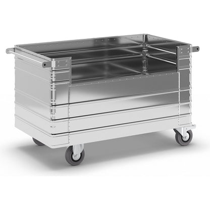 Aluminium container truck, with 1 cut-out on long side, push handle, external LxWxH 1680 x 930 x 970 mm.