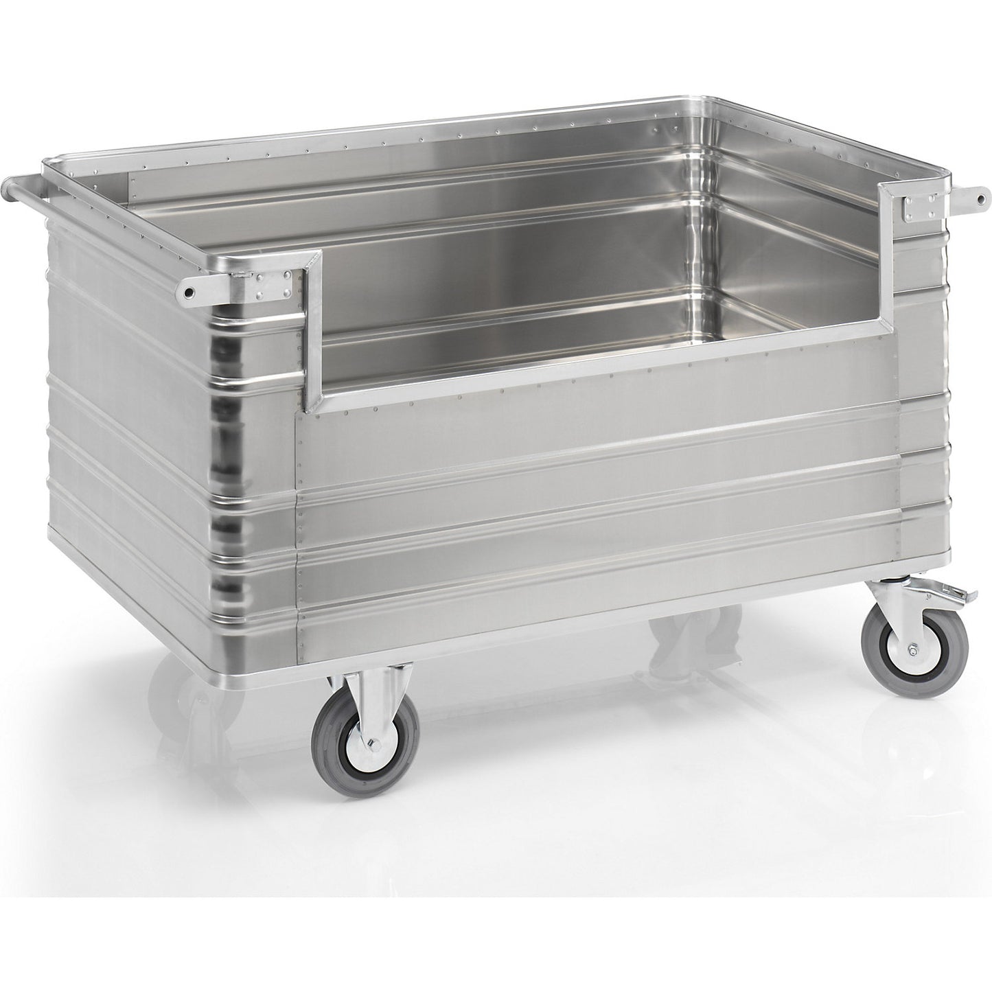 Aluminium container truck, with 1 cut-out on long side, push handle, external LxWxH 1680 x 930 x 970 mm.